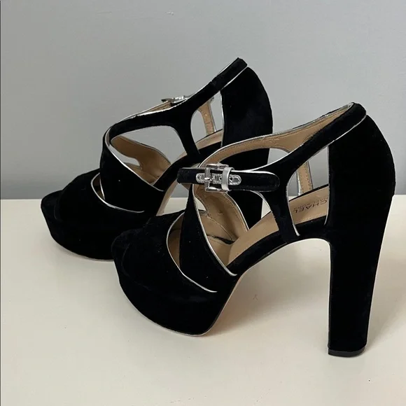 Michael Kors black velvet open toe platform high Heels 7M silver buckle accent - Picture 7 of 13
